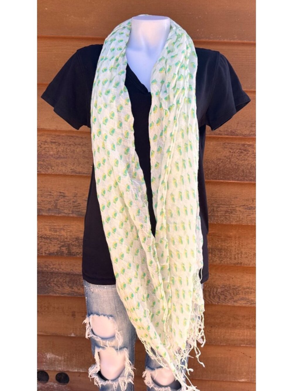 Lightweight White & Green Owl Print Scarf With Frayed Edges - Old Navy Womens Wr